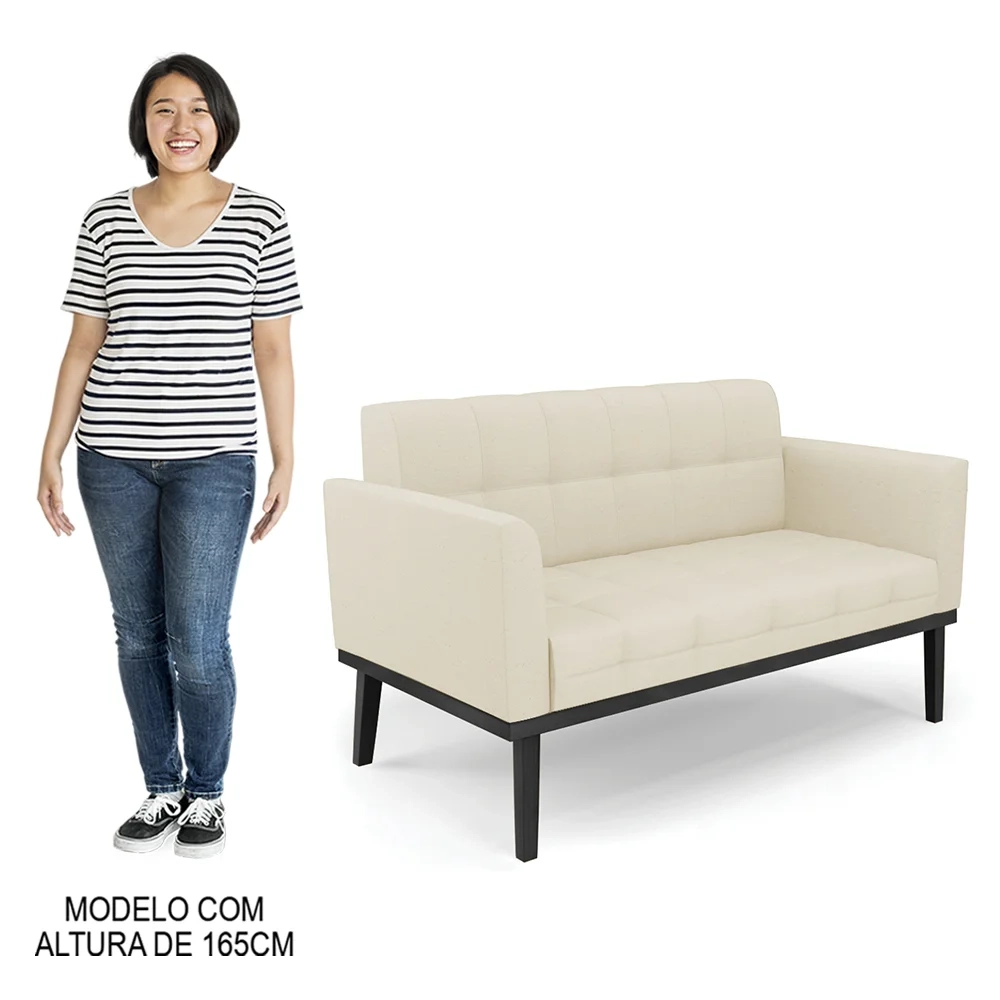 Sofá Namoradeira e 2 Poltronas Base Madeira Preto Ana Linho Bege - Ibiza