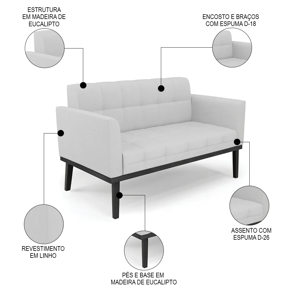 Sofá Namoradeira e 2 Poltronas Base Madeira Preto Ana Linho Cinza - Ibiza