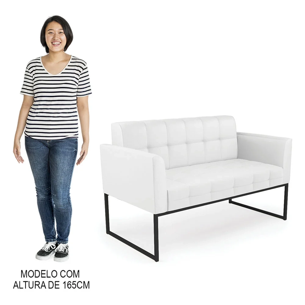 Sofá Namoradeira e 2 Poltronas Base Industrial Preto Ana Sintético Branco - Ibiza