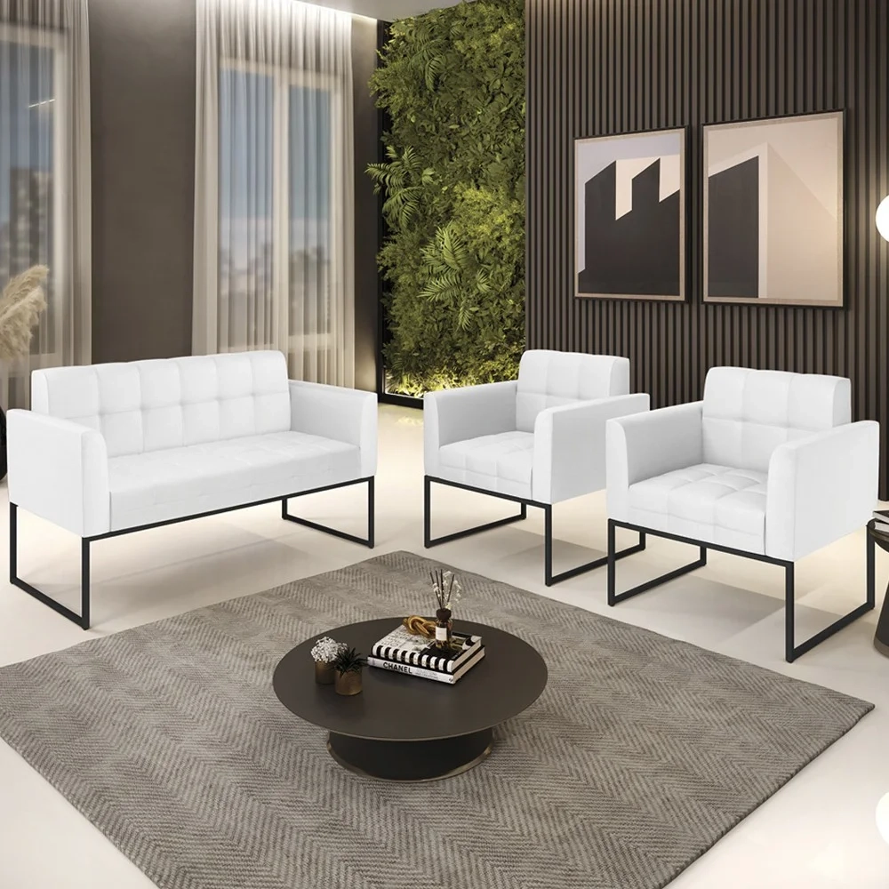 Sofá Namoradeira e 2 Poltronas Base Industrial Preto Ana Sintético Branco - Ibiza