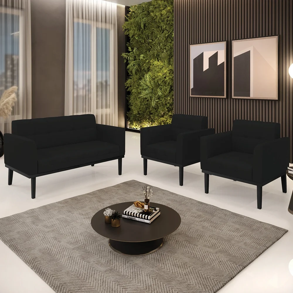 Sofá Namoradeira e 2 Poltronas Base Madeira Preto Ana Linho Preto - Ibiza