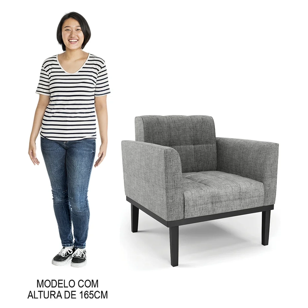 Sofá Namoradeira e 2 Poltronas Base Madeira Preto Ana Linho Grafite - Ibiza