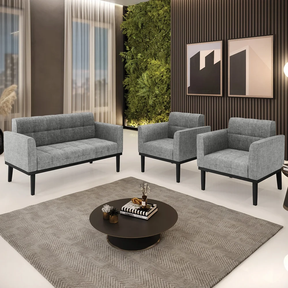 Sofá Namoradeira e 2 Poltronas Base Madeira Preto Ana Linho Grafite - Ibiza