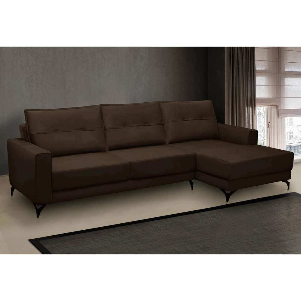 Sofá 4 Lugares com Chaise Direito 265cm Soreh F05 Veludo Marrom - Mpozenato