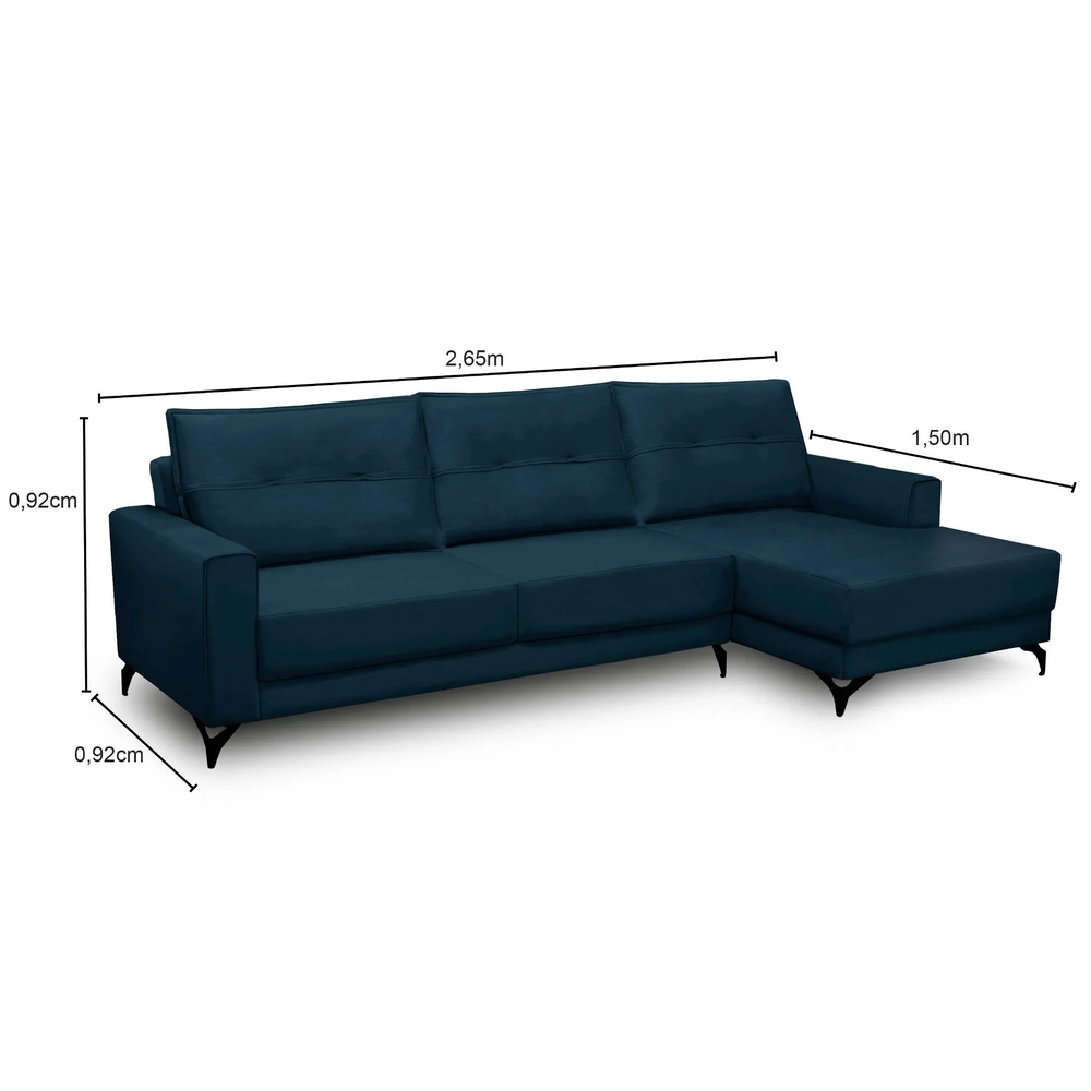 Sofá 4 Lugares com Chaise Direito 265cm Soreh F05 Veludo Azul - Mpozenato