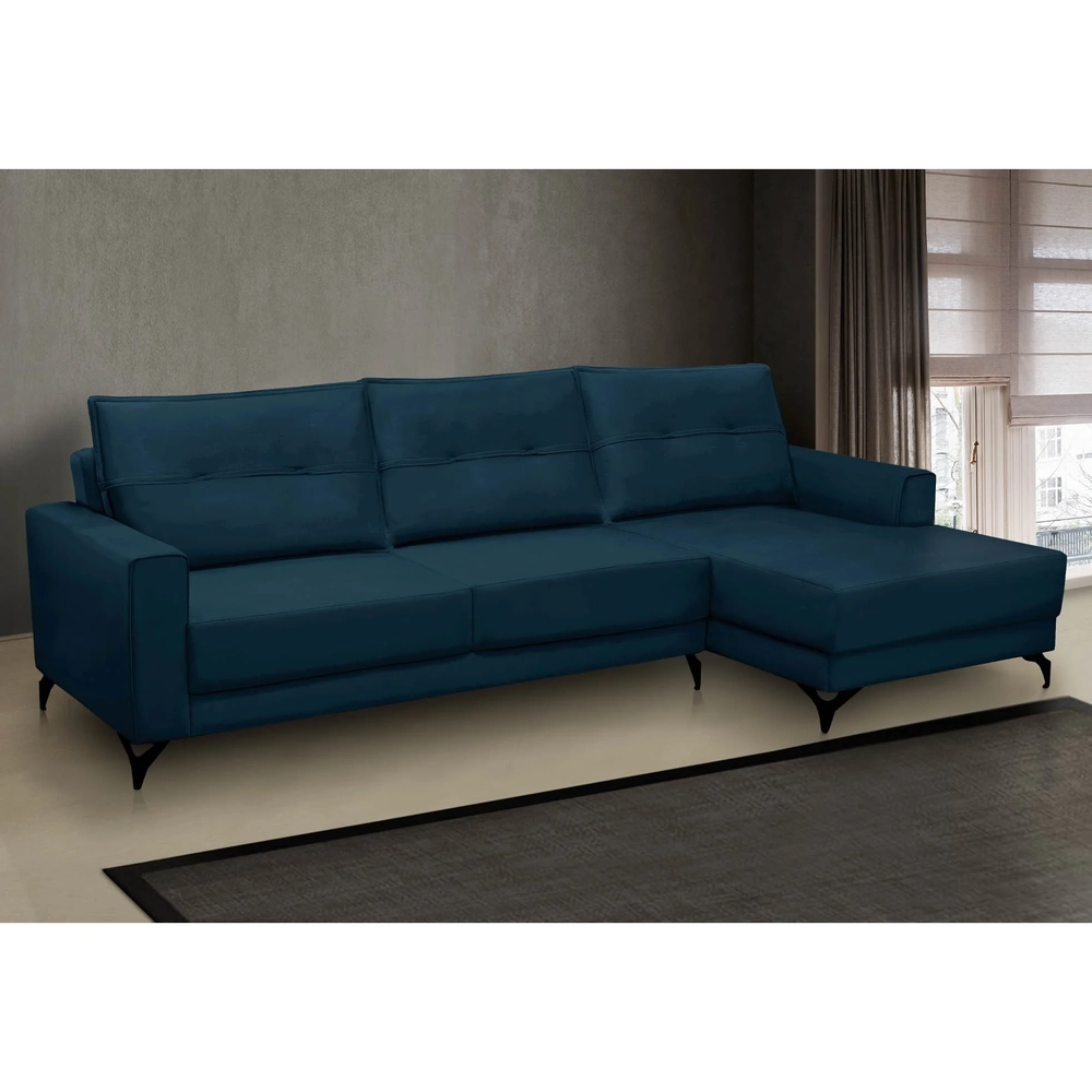 Sofá 4 Lugares com Chaise Direito 265cm Soreh F05 Veludo Azul - Mpozenato