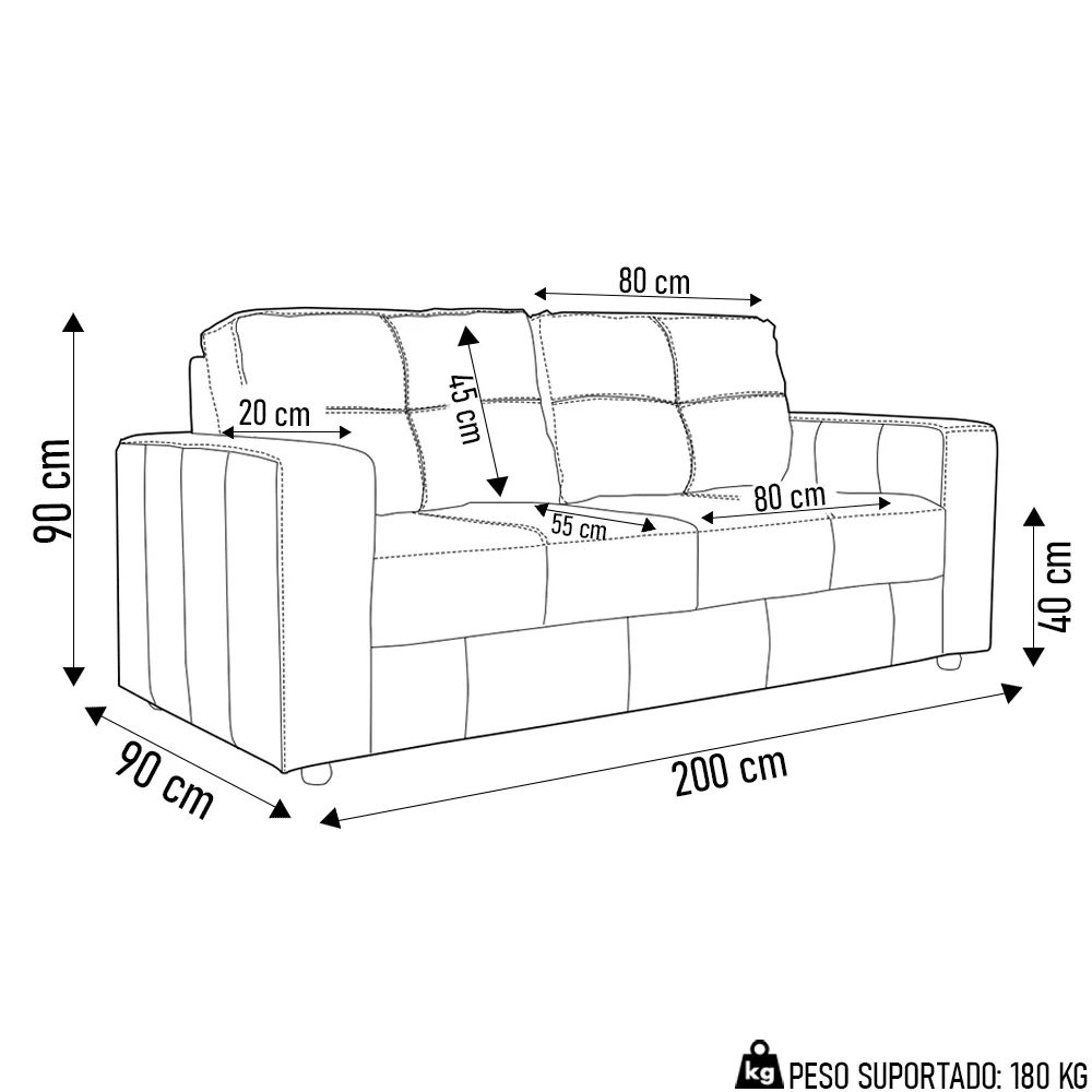 Sofá Living 3 Lugares para Sala de Estar 200cm Licci L07 Couro Preto - Mpozenato