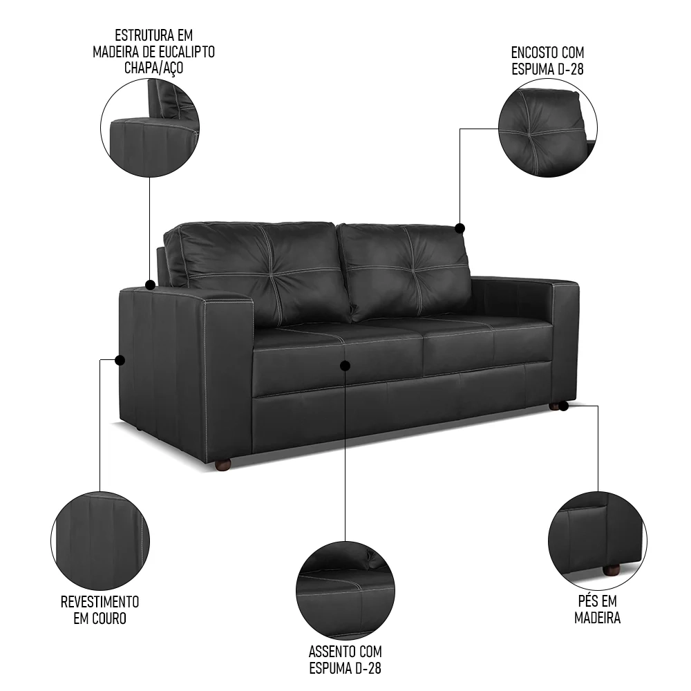 Sofá Living 2 Lugares para Sala de Estar 160cm Licci L07 Couro Preto - Mpozenato