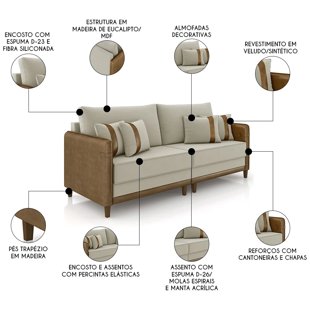 Sofá 4 Lugares Living 252cm Zoe Z08 Veludo Bege/Marrom - Mpozenato