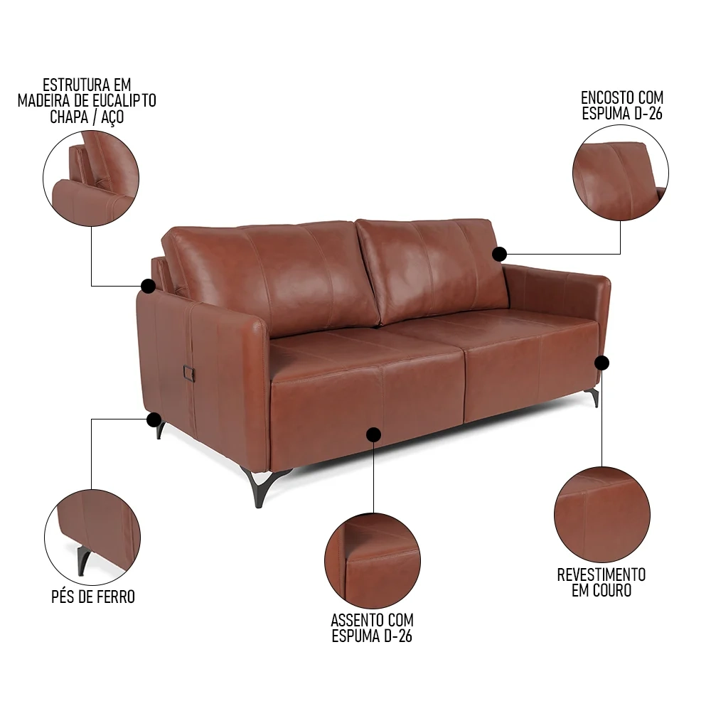 Sofá Living 3 Lugares Sala de Estar 220cm Cisso L07 Couro Marrom Claro - Mpozenato