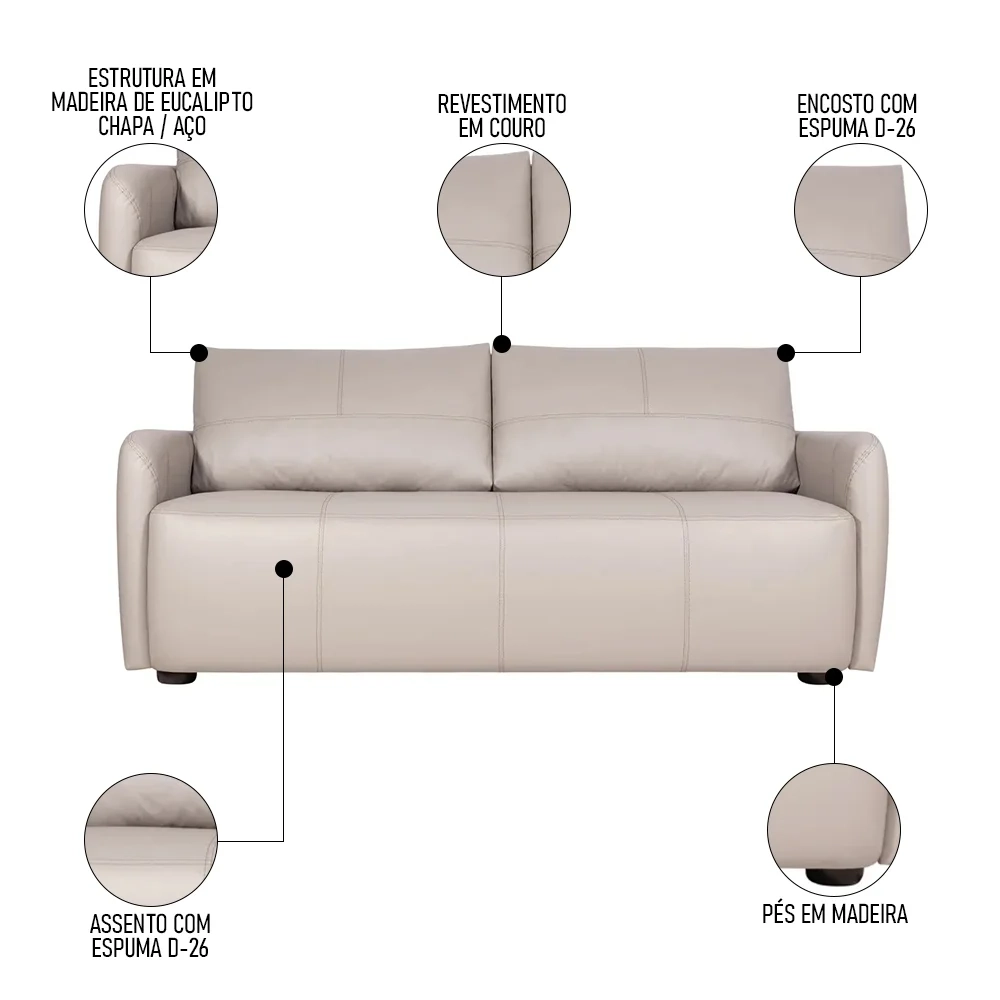 Sofá Living 2 Lugares Sala de Estar 180cm Virtus L07 Couro Bege - Mpozenato
