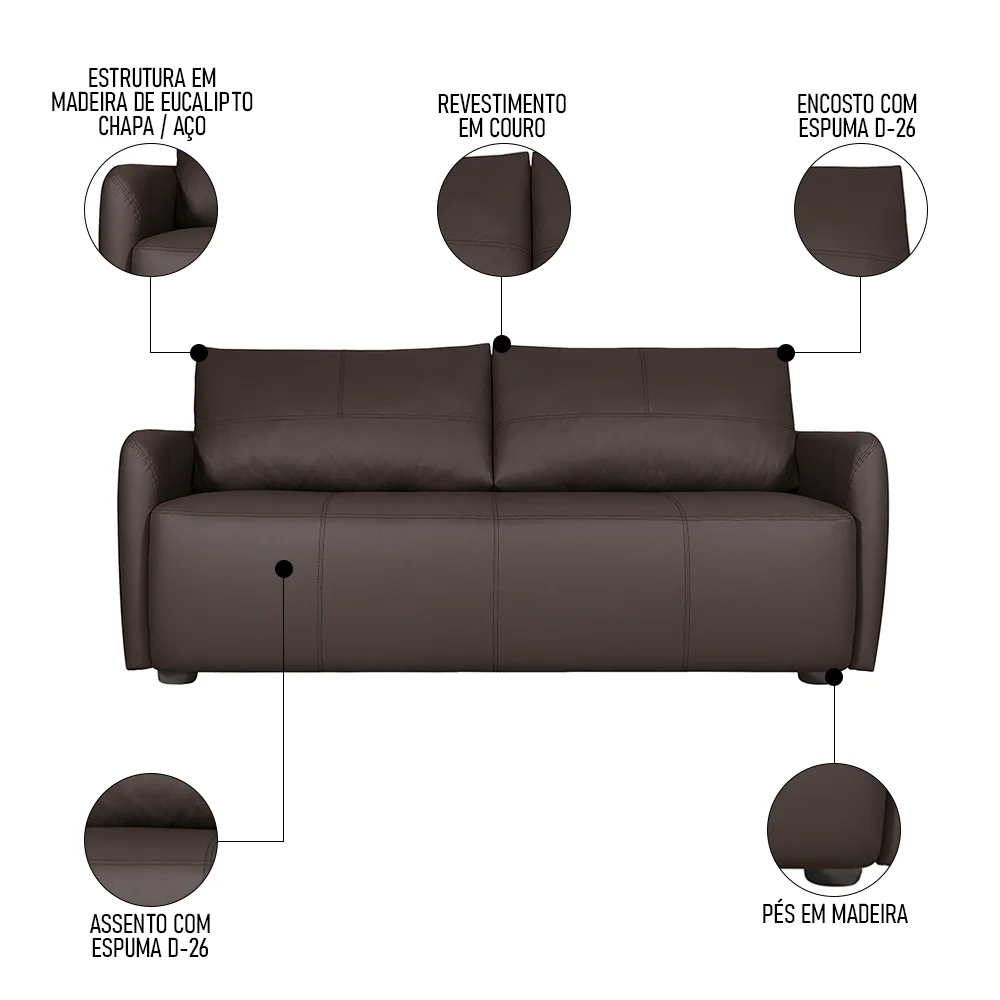 Sofá Living 2 Lugares Sala de Estar 180cm Virtus L07 Couro Marrom Café - Mpozenato