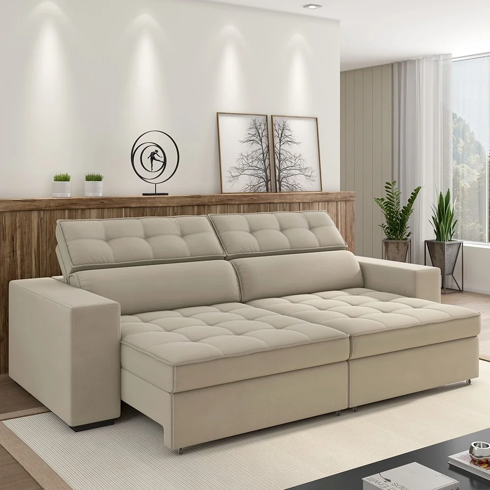 Sofá Retrátil Reclinável 3 Lugares 218cm Vick Z32 Suede Bege - Mpozenato