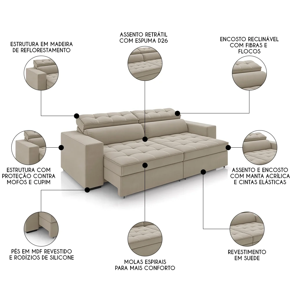 Sofá Retrátil Reclinável 3 Lugares 246cm Vick Z32 Suede Bege - Mpozenato