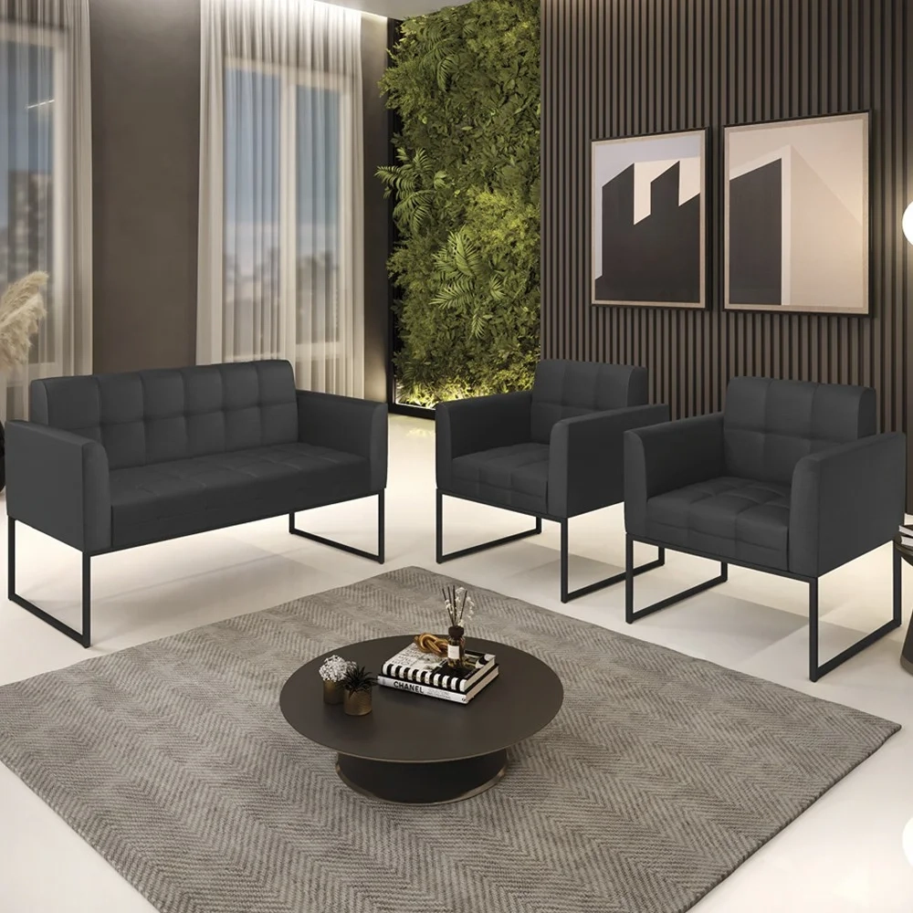 Sofá Namoradeira e 2 Poltronas Base Industrial Preto Ana Sintético Preto - Ibiza