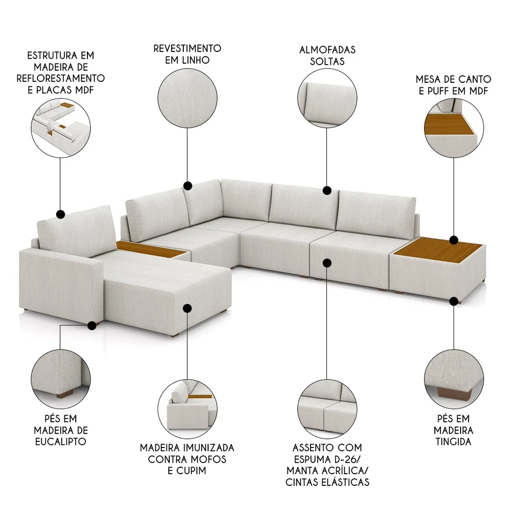 Sofá de Canto Chaise 5 Lugares 347cm Bristol Z32 Linho Cru   - Mpozenato