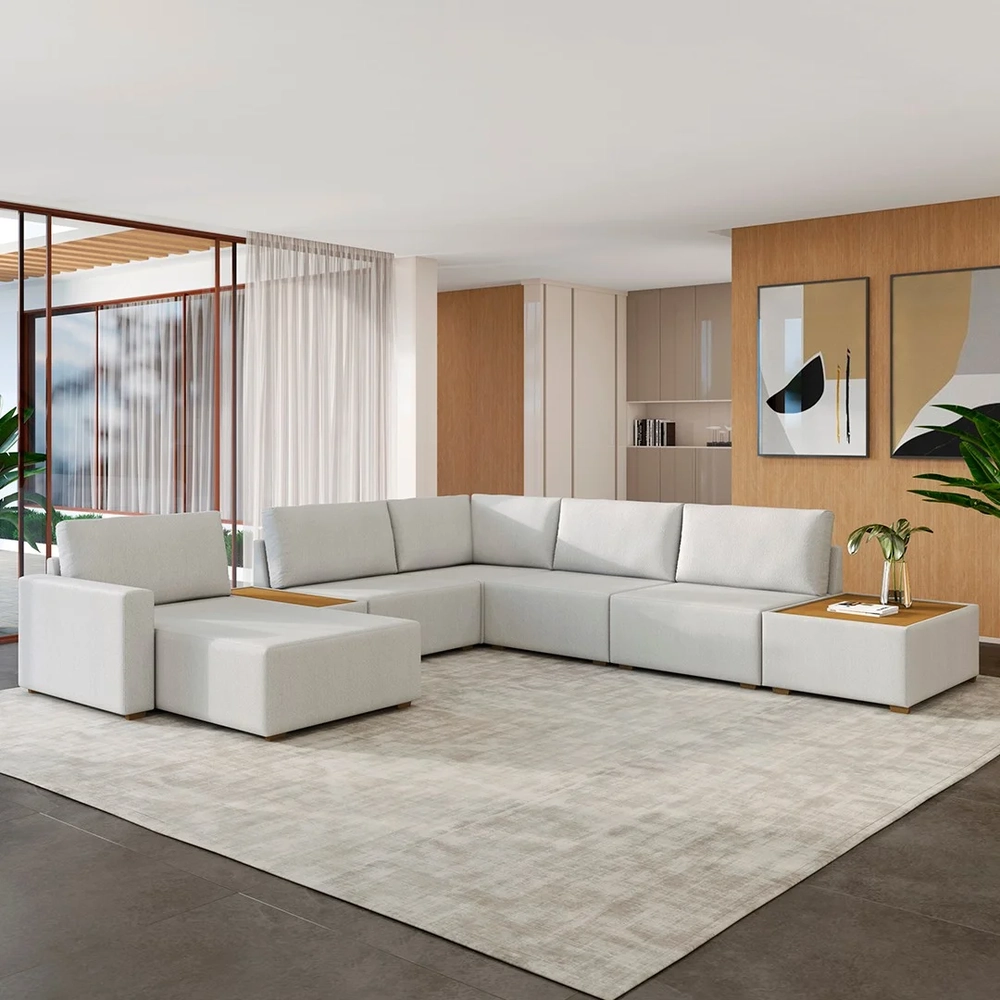 Sofá de Canto Chaise 5 Lugares 347cm Bristol Z32 Linho Cru   - Mpozenato