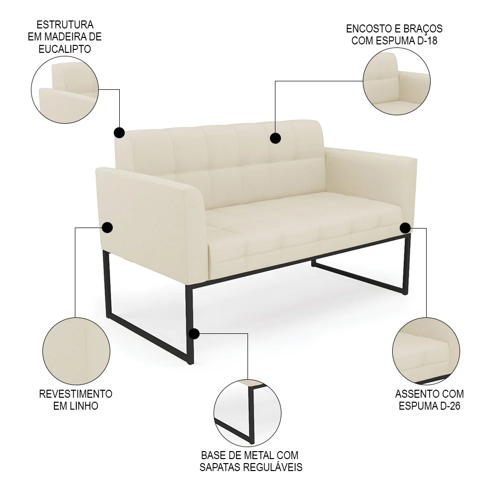 Sofá Namoradeira Base Industrial Preto Ana Linho Bege - Ibiza