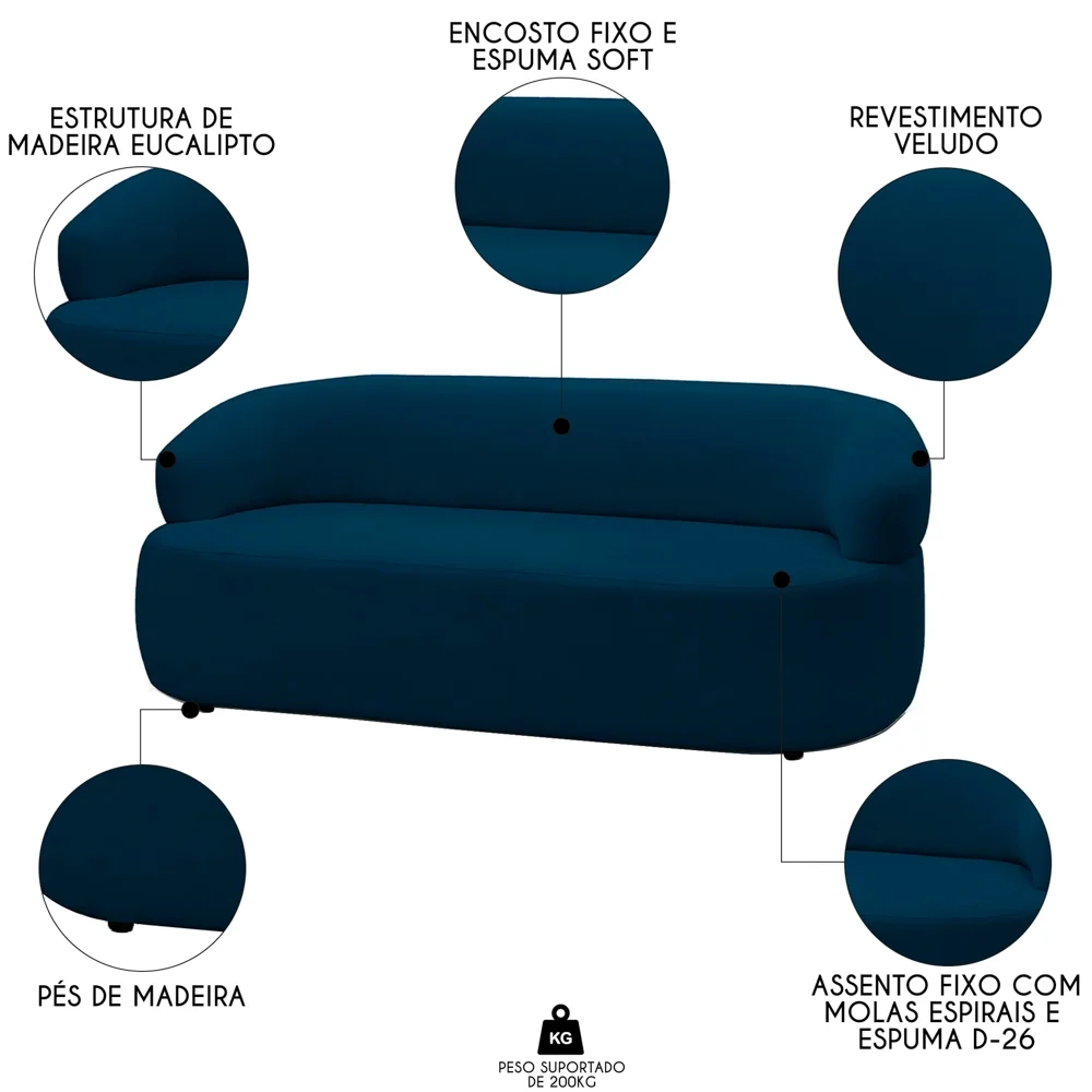 Sofá 3 Lugares Living Orgânico Sala de Estar 170cm Conka F05 Veludo Azul - Mpozenato