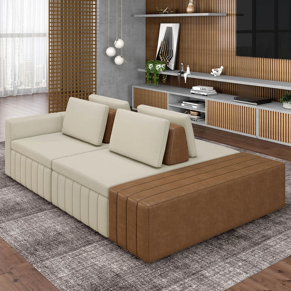 Sofá Ilha e Puff Sala Living 245cm Siesta Z32 Linho Cru/Marrom - Mpozenato