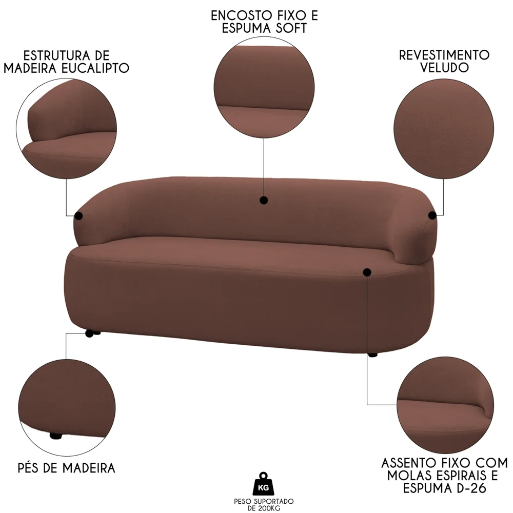 Sofá 2 Lugares Living Orgânico Sala de Estar 140cm Conka F05 Veludo Chocolate - Mpozenato