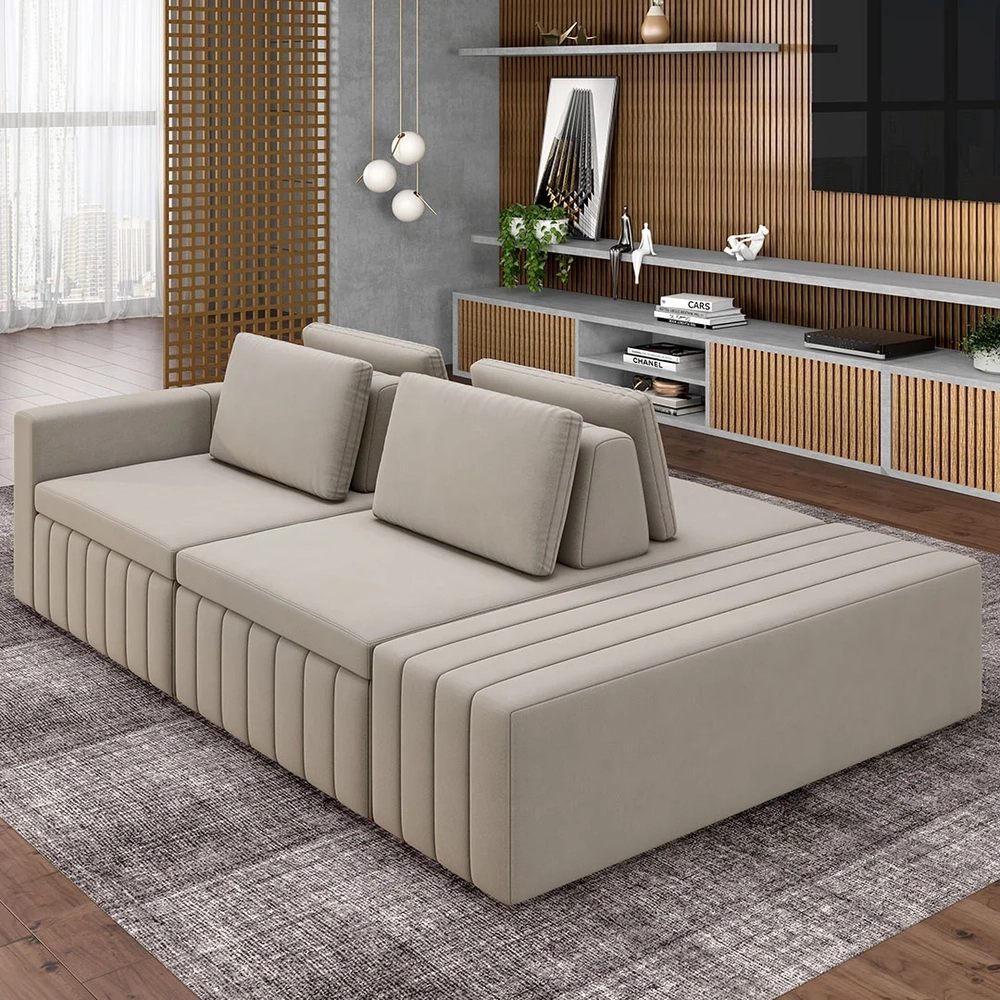 Sofá Ilha e Puff Sala Living 245cm Siesta Z32 Veludo Bege    - Mpozenato