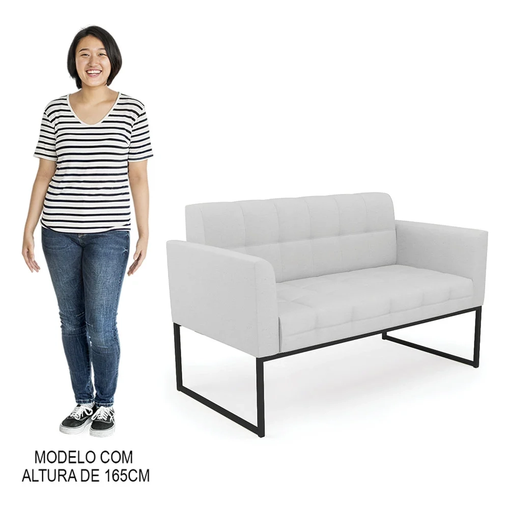 Sofá Namoradeira e 2 Poltronas Base Industrial Preto Ana Linho Cinza - Ibiza