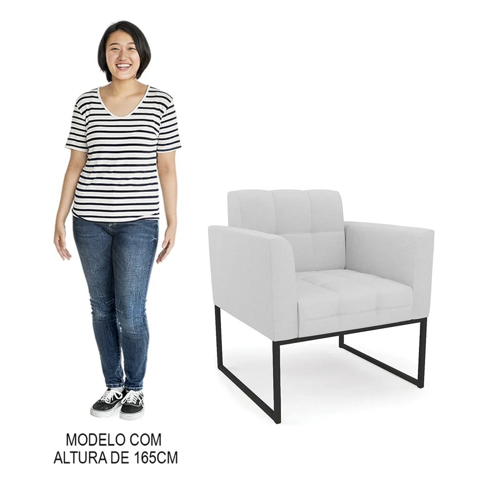 Sofá Namoradeira e 2 Poltronas Base Industrial Preto Ana Linho Cinza - Ibiza