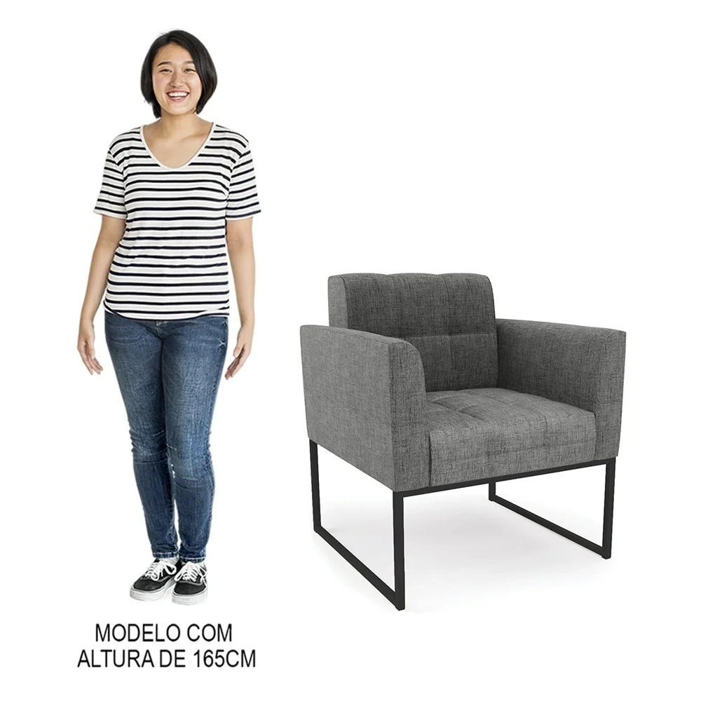 Sofá Namoradeira e 2 Poltronas Base Industrial Preto Ana Linho Grafite - Ibiza