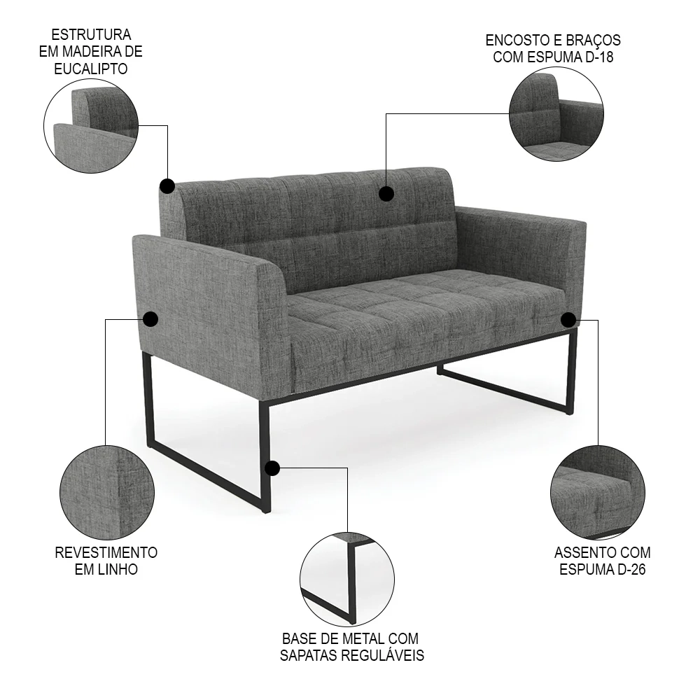Sofá Namoradeira e 2 Poltronas Base Industrial Preto Ana Linho Grafite - Ibiza