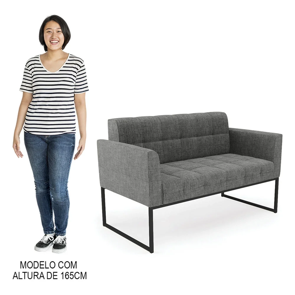 Sofá Namoradeira e 2 Poltronas Base Industrial Preto Ana Linho Grafite - Ibiza