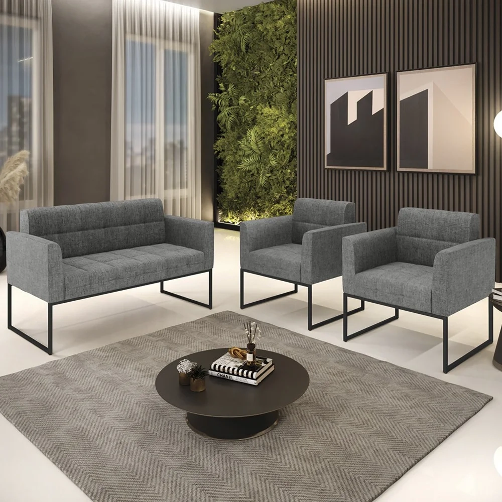 Sofá Namoradeira e 2 Poltronas Base Industrial Preto Ana Linho Grafite - Ibiza