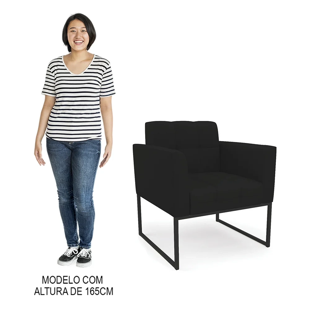 Sofá Namoradeira e 2 Poltronas Base Industrial Preto Ana Linho Preto - Ibiza