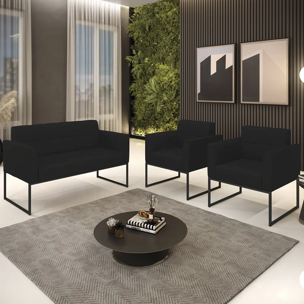 Sofá Namoradeira e 2 Poltronas Base Industrial Preto Ana Linho Preto - Ibiza