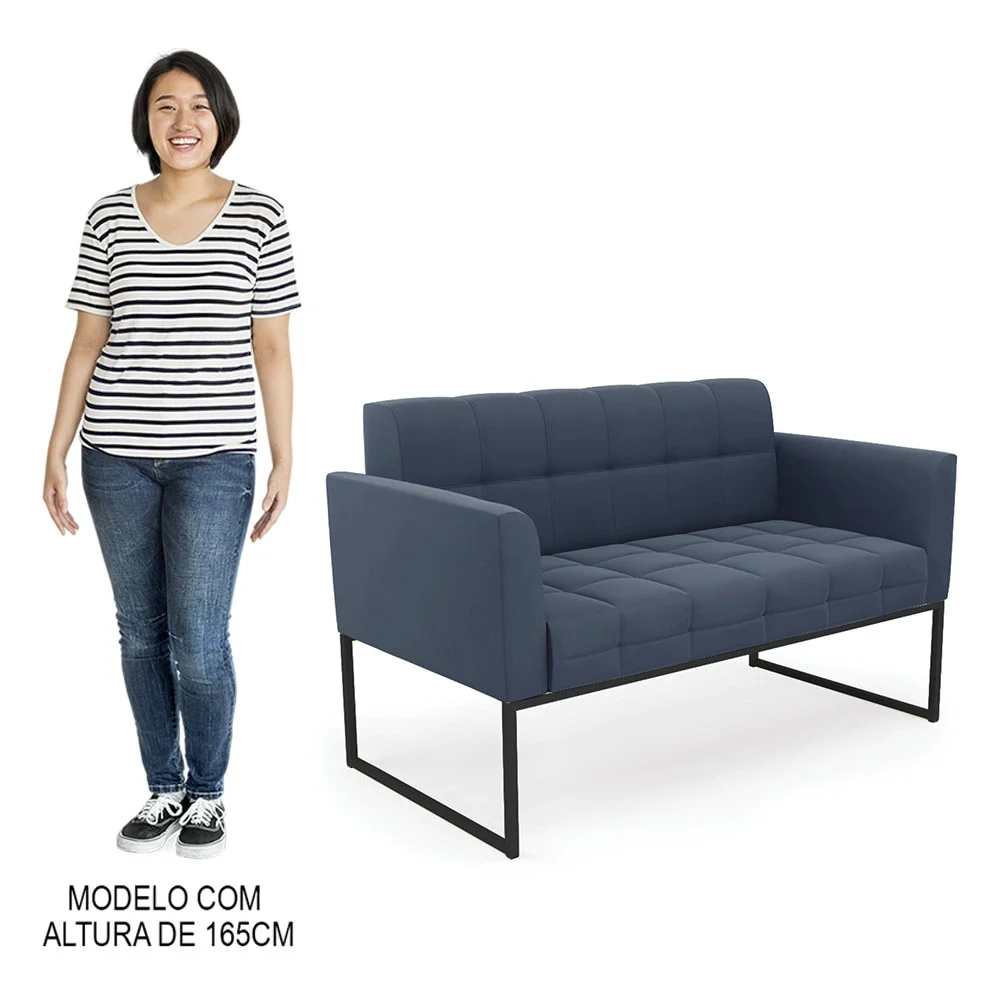 Sofá Namoradeira Base Industrial Preto Ana Suede Azul Marinho - Ibiza