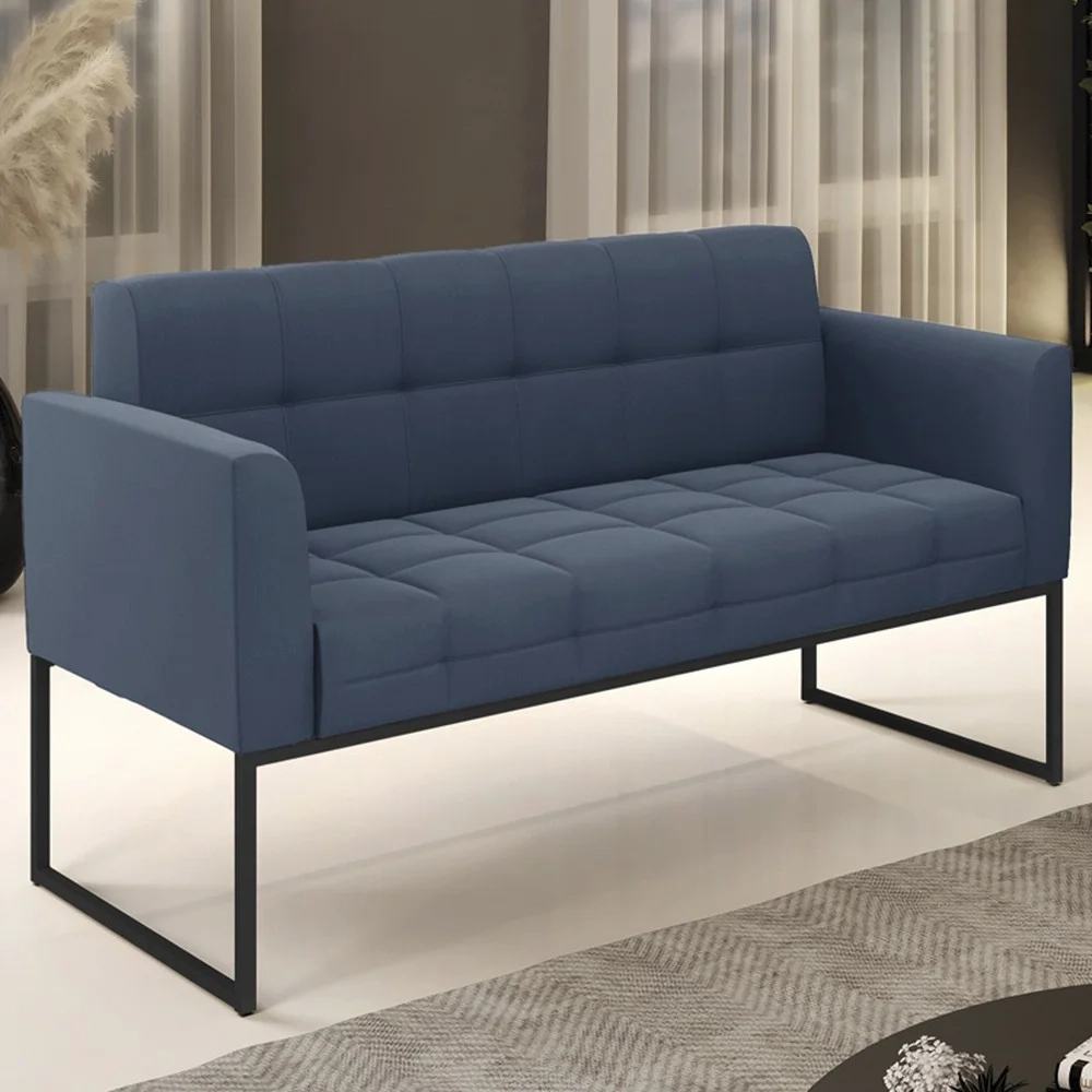 Sofá Namoradeira Base Industrial Preto Ana Suede Azul Marinho - Ibiza