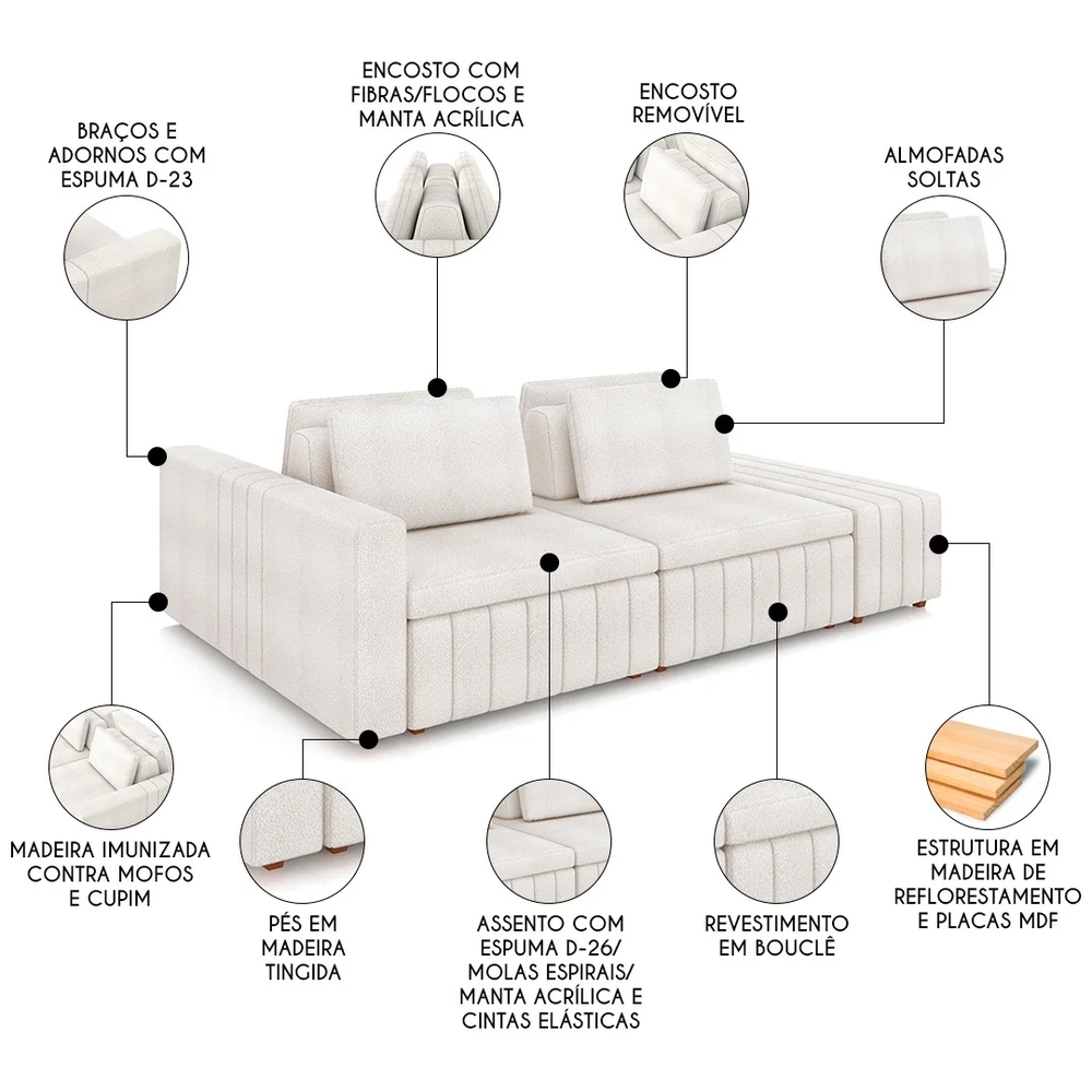 Sofá Ilha e Puff Sala Living 285cm Siesta Z32 Boucle Bege Claro - Mpozenato