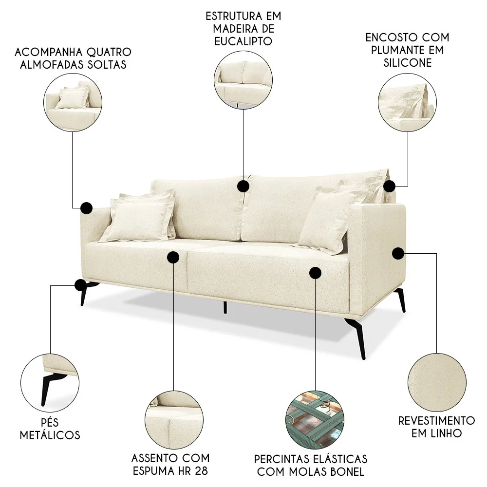 Sofá 3 Lugares 220cm Pés de Metal Vecchia S06 Linho Pérola - Mpozenato