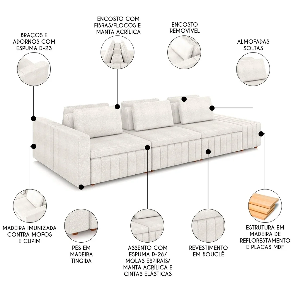 Sofá Ilha e Puff Sala Living 335cm Siesta Z32 Boucle Bege Claro - Mpozenato