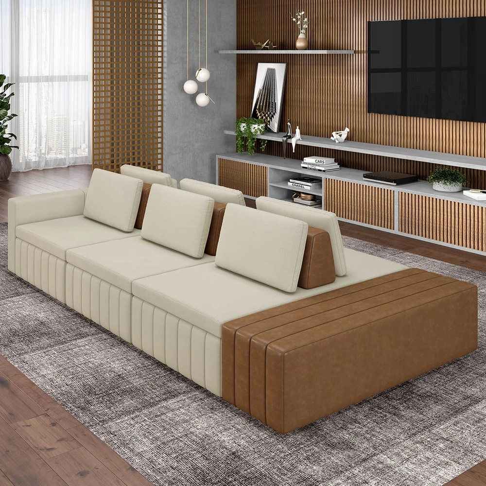 Sofá Ilha e Puff Sala Living 335cm Siesta Z32 Linho Areia/Marrom - Mpozenato