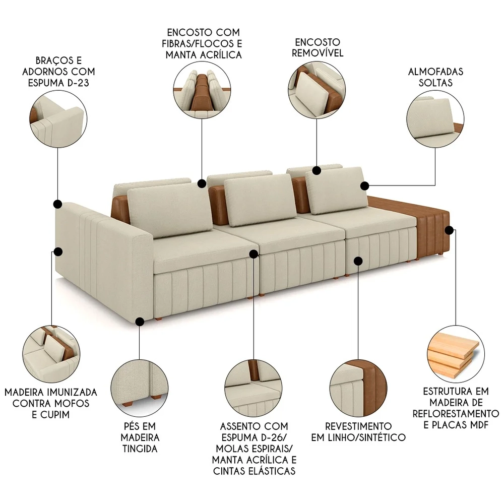 Sofá Ilha e Puff Sala Living 335cm Siesta Z32 Linho Areia/Marrom - Mpozenato