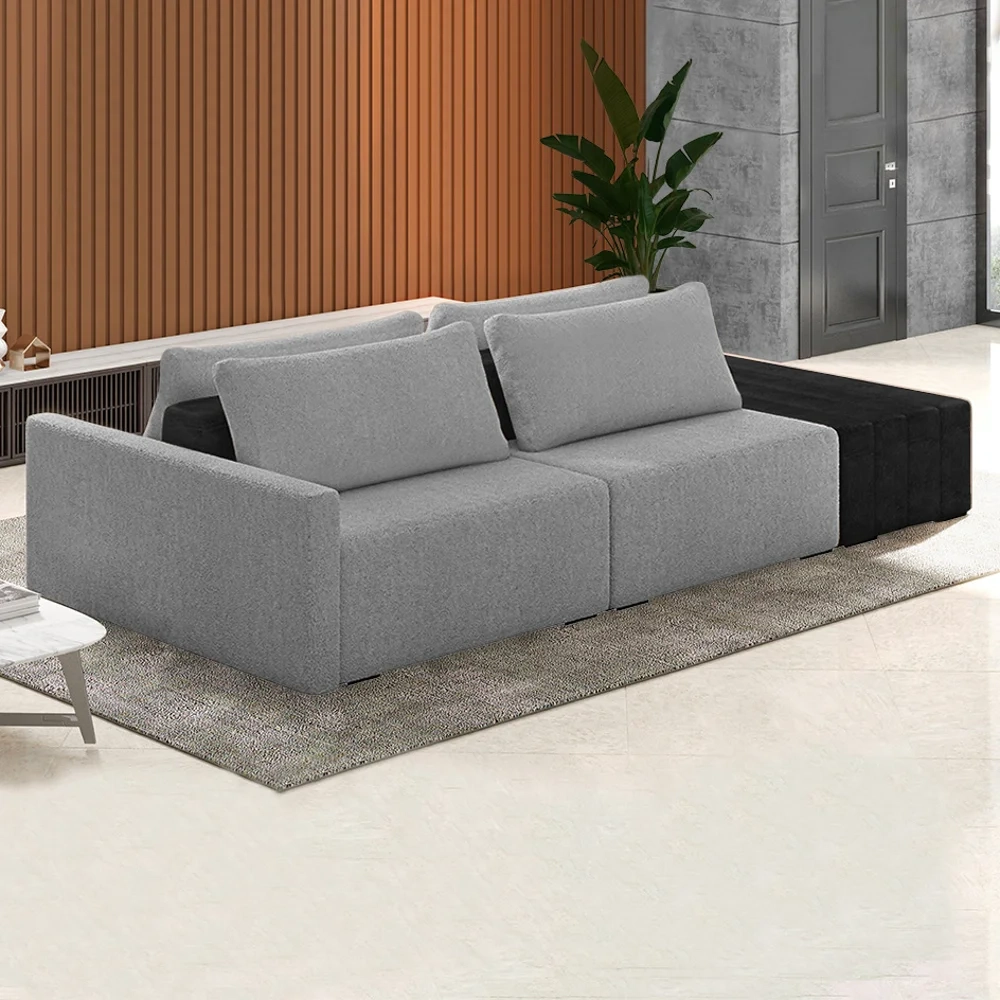 Sofá Ilha Modular Living com Puff 232cm Georgia Z08 Boucle Grafite/Preto - Mpozenato