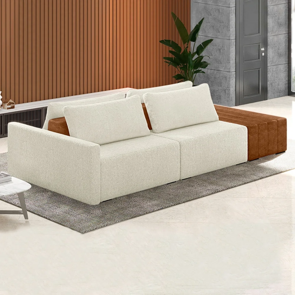 Sofá Ilha Modular Living com Puff 232cm Georgia Z08 Boucle Bege/Caramelo - Mpozenato