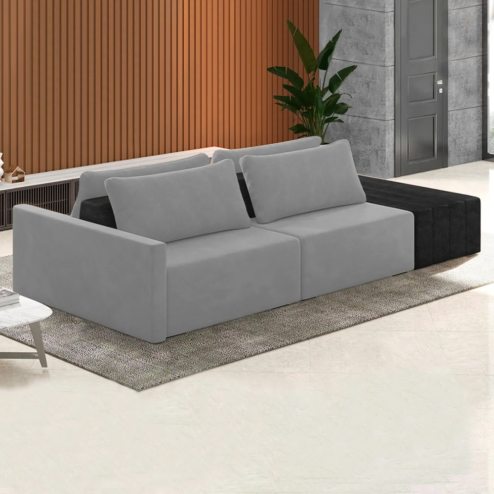 Sofá Ilha Modular Living com Puff 232cm Georgia Z08 Veludo Cinza/Preto - Mpozenato