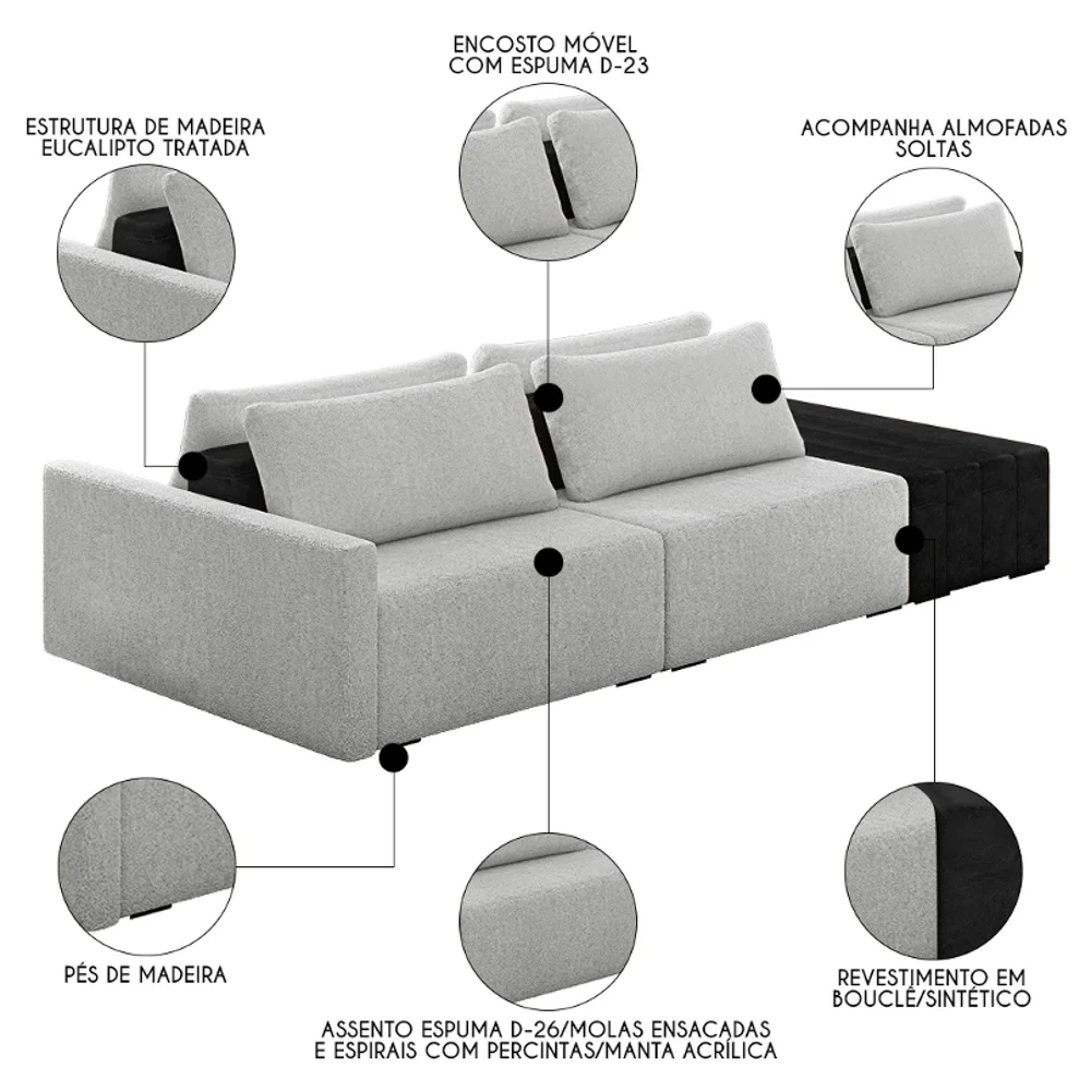 Sofá Ilha Modular Living com Puff 232cm Georgia Z08 Boucle Cinza/Preto - Mpozenato