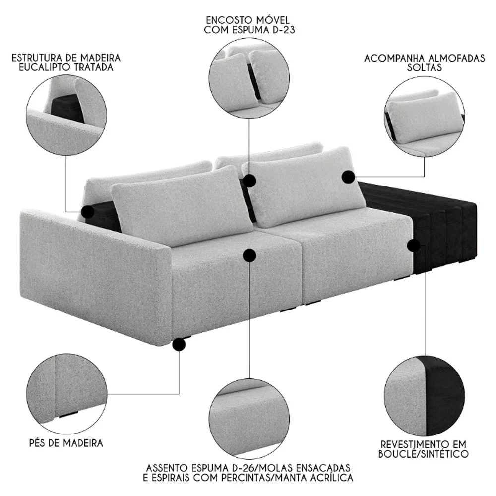 Sofá Ilha Modular Living com Puff 252cm Georgia Z08 Boucle Cinza/Preto - Mpozenato