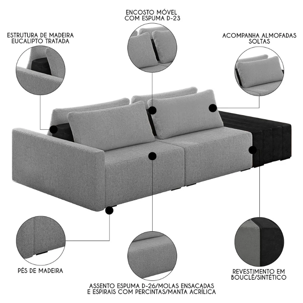 Sofá Ilha Modular Living com Puff 252cm Georgia Z08 Boucle Grafite/Preto - Mpozenato