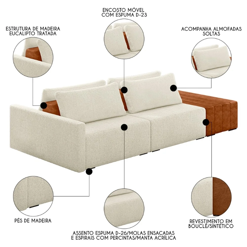 Sofá Ilha Modular Living com Puff 252cm Georgia Z08 Boucle Bege/Caramelo - Mpozenato