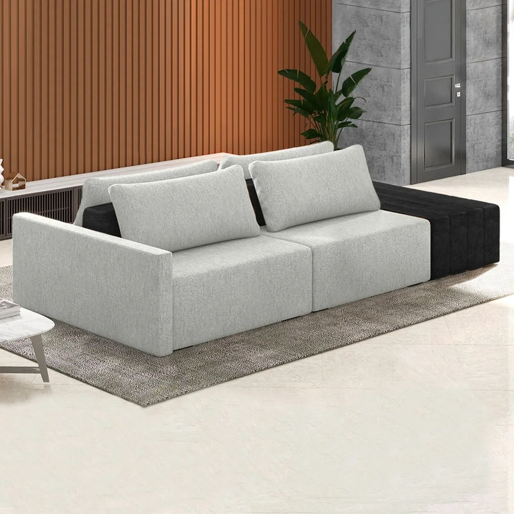 Sofá Ilha Modular Living com Puff 252cm Georgia Z08 Linho Cinza/Preto - Mpozenato