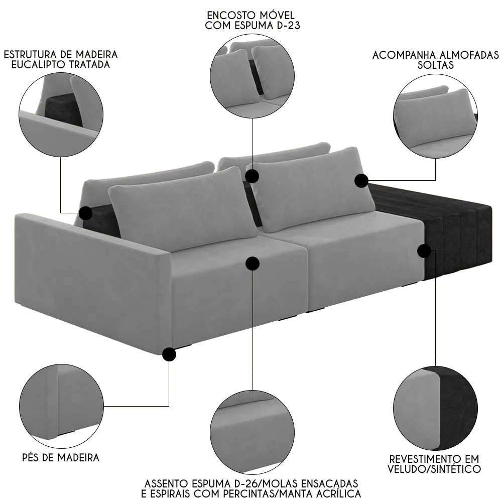 Sofá Ilha Modular Living com Puff 252cm Georgia Z08 Veludo Cinza/Preto - Mpozenato